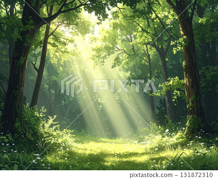 陽光透過森林樹葉,形成舒緩的綠色背景 陽光透過森林樹葉,形成舒緩的綠色背景 131872310
