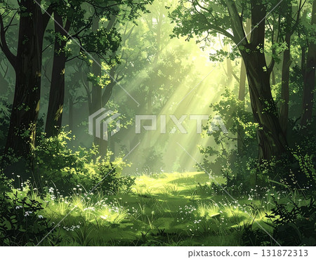 Organic forest background with sunlight filtering through the trees and green leaves 131872313