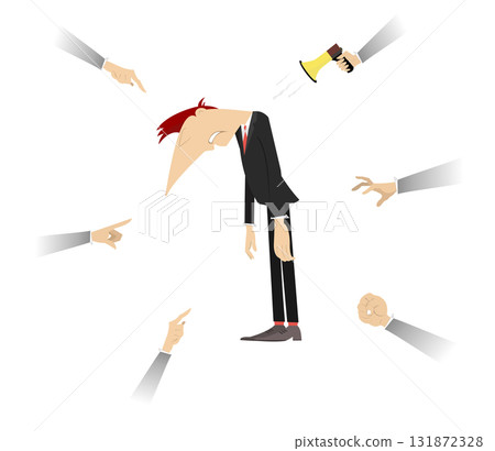 Upset man. Hands with orders and instructions. Concept. Upset man or businessman with head down surrounded by orders and instructions of his superiors hands 131872328