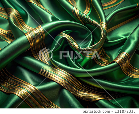 閃亮的翠綠色絲綢與金線刺繡的華麗點綴 131872333