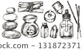 Aromatherapy, meditation set. Incense, essential oils, Palo Santo. Sketch style illustration. 131872371