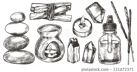 Aromatherapy, meditation set. Incense, essential oils, Palo Santo. Sketch style illustration. Aromatherapy, meditation set. Incense, essential oils, Palo Santo. Sketch style illustration. 131872371
