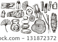 Aromatherapy, meditation set. Incense, essential oils, Palo Santo. Sketch style illustration. 131872372
