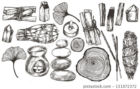 Aromatherapy, meditation set. Incense, essential oils, Palo Santo. Sketch style illustration. 131872372