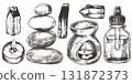 Aromatherapy, meditation set. Incense, essential oils, Palo Santo. Sketch style illustration. 131872373