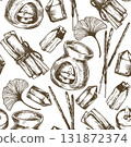 aromatherapy, seamless pattern. incense, aromatic oils, palo santo. illustration in sketch style 131872374