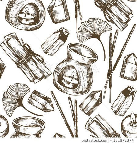 aromatherapy, seamless pattern. incense, aromatic oils, palo santo. illustration in sketch style 131872374