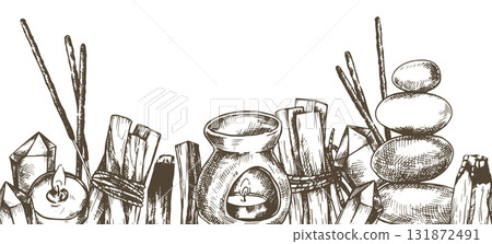aromatherapy, seamless border. incense, aromatic oils, palo santo. illustration in sketch style 131872491