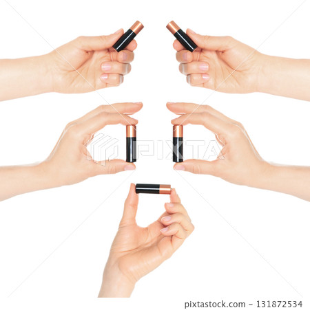 Set of human hands holding battery isolated on transparent background 131872534