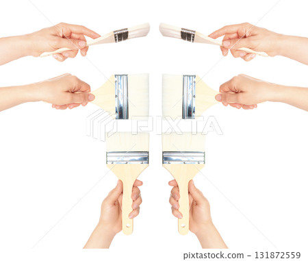 Set of hands holding paint brush for repair and finishing work, isolated on transparent background Set of hands holding paint brush for repair and finishing work, isolated on transparent background 131872559