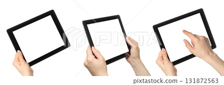 Set of hands holding tablet pc, isolated on transparent background Set of hands holding tablet pc, isolated on transparent background 131872563