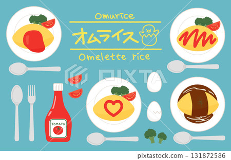 Cute illustration set of omurice and ketchup Cute illustration set of omurice and ketchup 131872586