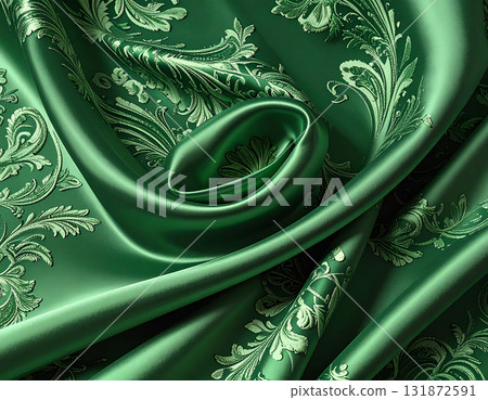 一種奢華的絲綢面料，具有奢華的翠綠色光澤和同色的精美刺繡。 131872591