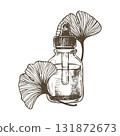 jar with ginkgo wood essential oil. aromatherapy, medicine. vector illustration in sketch style 131872673
