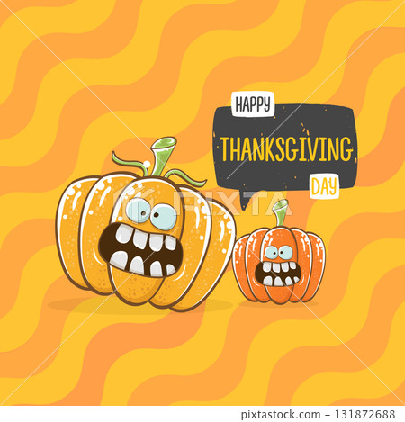 Funny Thanksgiving day square banner with vector funny cartoon cute smiling friends pumpkins isolated on orange geometric background. Thanksgiving day banner and label design template with pumpkins Funny Thanksgiving day square banner with vector funny cartoon cute smiling friends pumpkins isolated on orange geometric background. Thanksgiving day banner and label design template with pumpkins 131872688