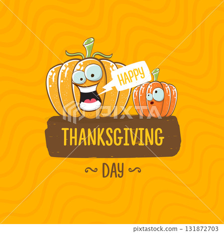 Funny Thanksgiving day square banner with vector funny cartoon cute smiling friends pumpkins isolated on orange geometric background. Thanksgiving day banner and label design template with pumpkins 131872703