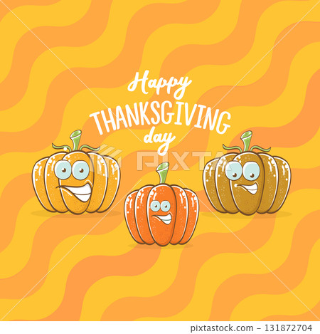 Funny Thanksgiving day square banner with vector funny cartoon cute smiling friends pumpkins isolated on orange geometric background. Thanksgiving day banner and label design template with pumpkins 131872704