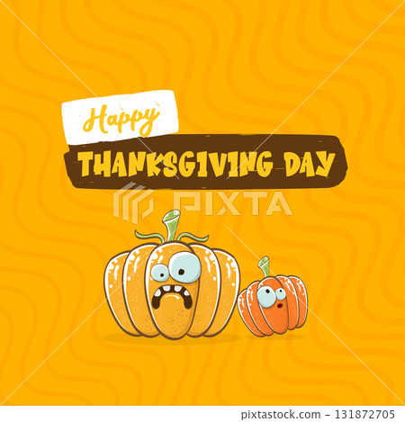 Funny Thanksgiving day square banner with vector funny cartoon cute smiling friends pumpkins isolated on orange geometric background. Thanksgiving day banner and label design template with pumpkins 131872705