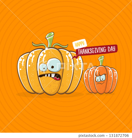 Funny Thanksgiving day square banner with vector funny cartoon cute smiling friends pumpkins isolated on orange geometric background. Thanksgiving day banner and label design template with pumpkins 131872706