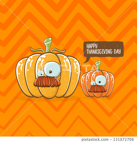 Funny Thanksgiving day square banner with vector funny cartoon cute smiling friends pumpkins isolated on orange geometric background. Thanksgiving day banner and label design template with pumpkins 131872708