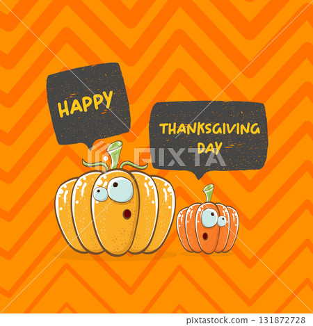 Funny Thanksgiving day square banner with vector funny cartoon cute smiling friends pumpkins isolated on orange geometric background. Thanksgiving day banner and label design template with pumpkins 131872728