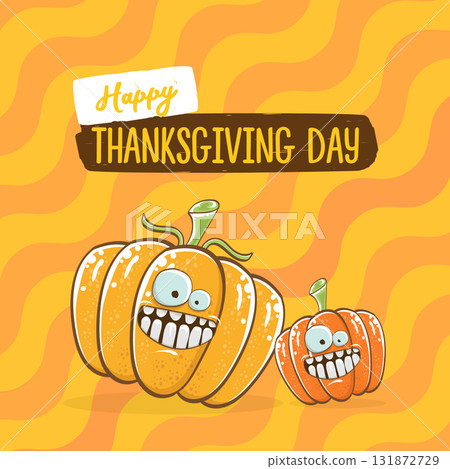 Funny Thanksgiving day square banner with vector funny cartoon cute smiling friends pumpkins isolated on orange geometric background. Thanksgiving day banner and label design template with pumpkins 131872729
