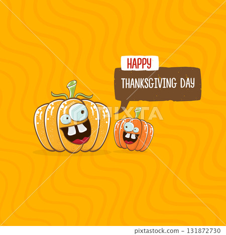 Funny Thanksgiving day square banner with vector funny cartoon cute smiling friends pumpkins isolated on orange geometric background. Thanksgiving day banner and label design template with pumpkins 131872730