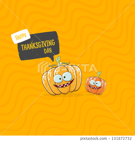 Funny Thanksgiving day square banner with vector funny cartoon cute smiling friends pumpkins isolated on orange geometric background. Thanksgiving day banner and label design template with pumpkins 131872732