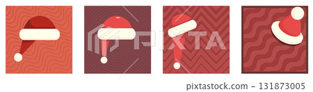 Santa Hat Christmas square poster set vector, creative minimalist festive design, modern graphic art with a textured background, perfect for holiday greeting cards and winter social media promotions 131873005
