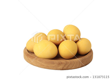 Yellow easter eggs isolated on white background 131873115