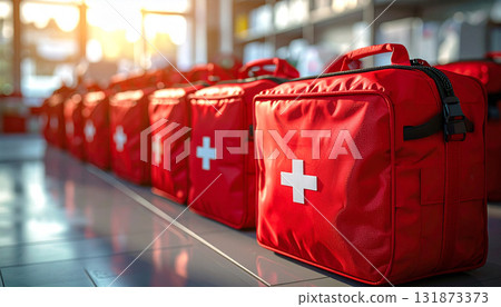 red first aid kits with white cross symbols neatly arranged on metal shelves under warm natural lighting, representing emergency preparedness and organized healthcare support 131873373