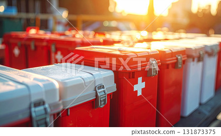 red first aid kits with white cross symbols neatly arranged on metal shelves under warm natural lighting, representing emergency preparedness and organized healthcare support 131873375
