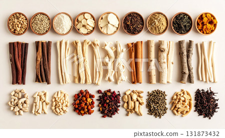 A neatly arranged flat lay of dried adaptogenic roots and herbs such as ashwagandha and rhodiola, displayed in small wooden bowls on a neutral background, symbolizing natural wellness and balance 131873432