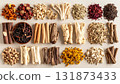 A neatly arranged flat lay of dried adaptogenic roots and herbs such as ashwagandha and rhodiola, displayed in small wooden bowls on a neutral background, symbolizing natural wellness and balance 131873433