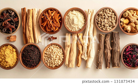 A neatly arranged flat lay of dried adaptogenic roots and herbs such as ashwagandha and rhodiola, displayed in small wooden bowls on a neutral background, symbolizing natural wellness and balance 131873434