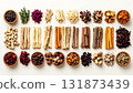 A neatly arranged flat lay of dried adaptogenic roots and herbs such as ashwagandha and rhodiola, displayed in small wooden bowls on a neutral background, symbolizing natural wellness and balance 131873439