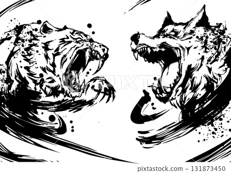 虎與狼墨畫插圖 131873450