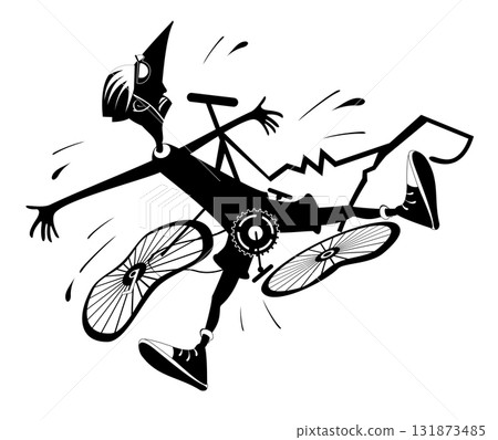 Cyclist man falling down from the bicycle. Cyclist man laying under the broken bicycle. Black and white illustration	 131873485