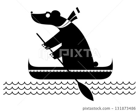 Cartoon bear sailing on a boat. Polar bear sailing on the boat. Black and white illustration 131873486