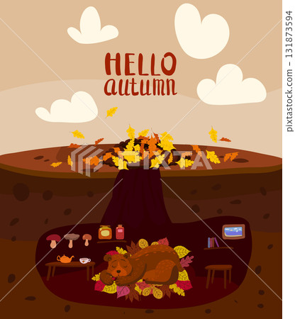 Cute bear sleeping in a burrow underground 131873594