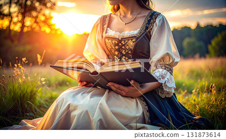 A woman in medieval European clothing sits and reads a book 131873614