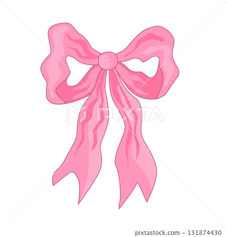 Cute hand drawn pink bow illustration. Delicate, feminine ribbon art for girl headdress, gifts, decoration, and celebration designs. Vector isolated clipart. 131874430