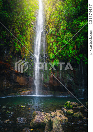 Famous 25 Fontes Waterfall in the green forest, Madeira Island Famous 25 Fontes Waterfall in the green forest, Madeira Island 131874487