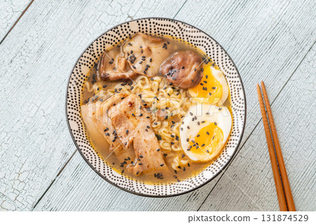 Bowl of ramen with pork belly, soft egg, and shiitake mushrooms Bowl of ramen with pork belly, soft egg, and shiitake mushrooms 131874529