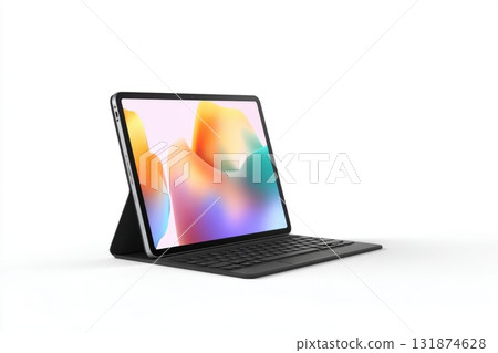 Modern laptop with colorful rainbow screen on white background for digital monitor design. Vibrant sleek laptop displaying colorful futuristic abstract digital art. Tablet vibrant display. Front view Modern laptop with colorful rainbow screen on white background for digital monitor design. Vibrant sleek laptop displaying colorful futuristic abstract digital art. Tablet vibrant display. Front view 131874628