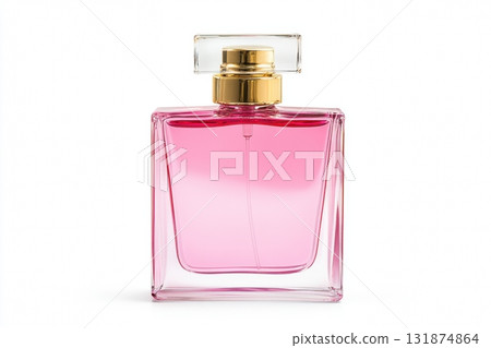 Pink perfume bottle. Elegant glass perfume bottle with a soft pink liquid. Mock up of minimal transparent glass bottle of perfume with a golden cap. Plain white background. Stylish perfumeries banner Pink perfume bottle. Elegant glass perfume bottle with a soft pink liquid. Mock up of minimal transparent glass bottle of perfume with a golden cap. Plain white background. Stylish perfumeries banner 131874864