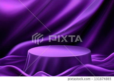 Purple shiny catwalk for product demonstration. Giveaway podium. Scene for award, decor element background. Abstract studio stage, dark violet silk fabric wall. Cosmetic presentation. Creative mock up 131874865