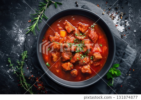 A bowl of hot Beef Goulash, overhead shot. Rich red tomato sauce, vegetables and meat cubes, garnished with fresh herbs on a grey table. Spiced beef, colorful tomatoes. Perfectly served meat dish A bowl of hot Beef Goulash, overhead shot. Rich red tomato sauce, vegetables and meat cubes, garnished with fresh herbs on a grey table. Spiced beef, colorful tomatoes. Perfectly served meat dish 131874877