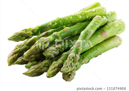 Fresh green asparagus spears grouped in clusters isolated on transparent white background. Detailed texture and vibrant color. Close-up studio of group of fresh asparagus stalks arranged neatly. 131874908