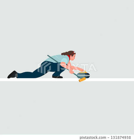 Vector illustration of the winter sport curling, featuring a curling stone sliding across the ice with a broom used to guide its path. 131874938
